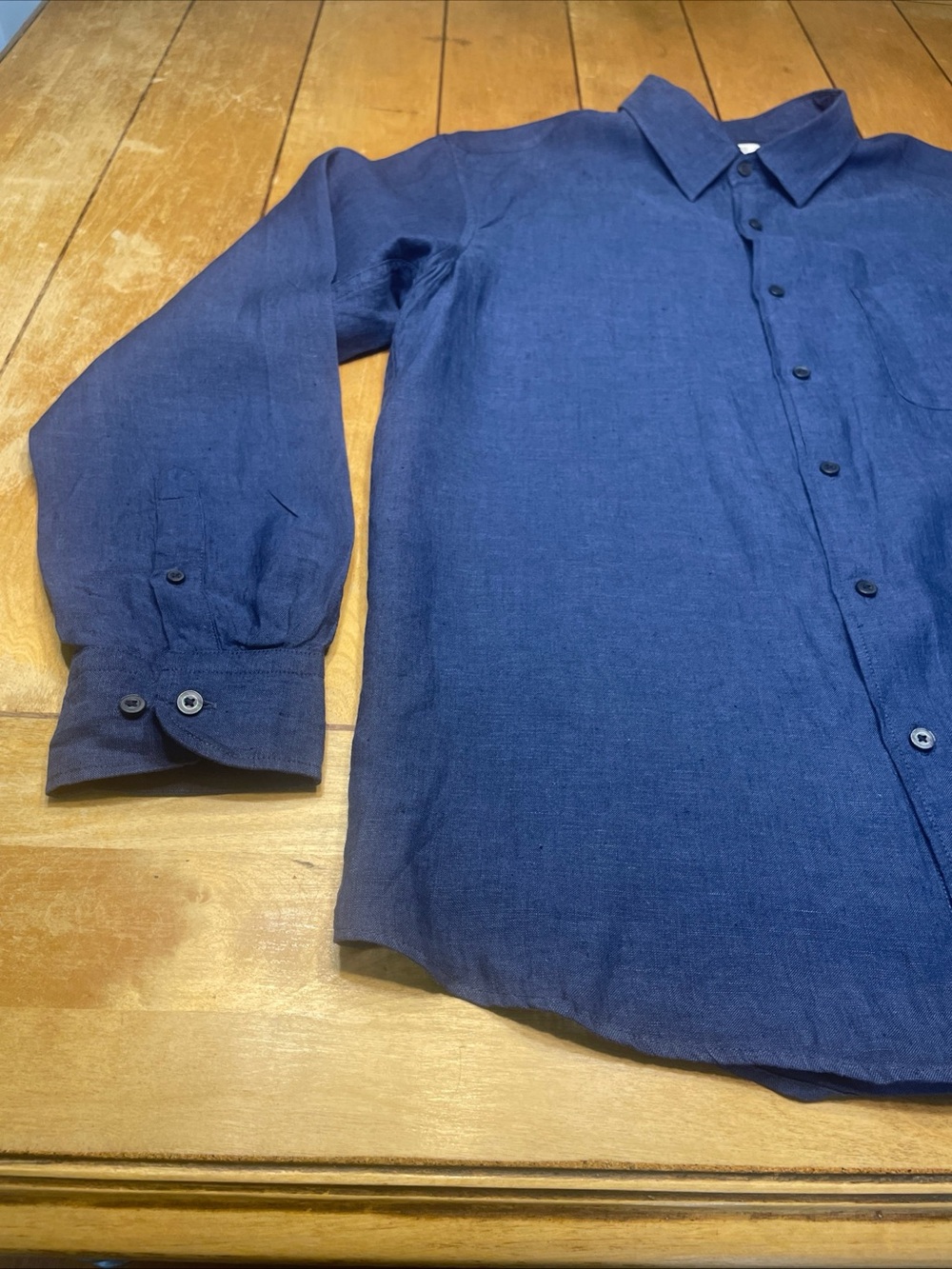 Uniqlo 100% Premium Linen Dark Blue Casual Button Up Shirt Size XXL Long Sleeve